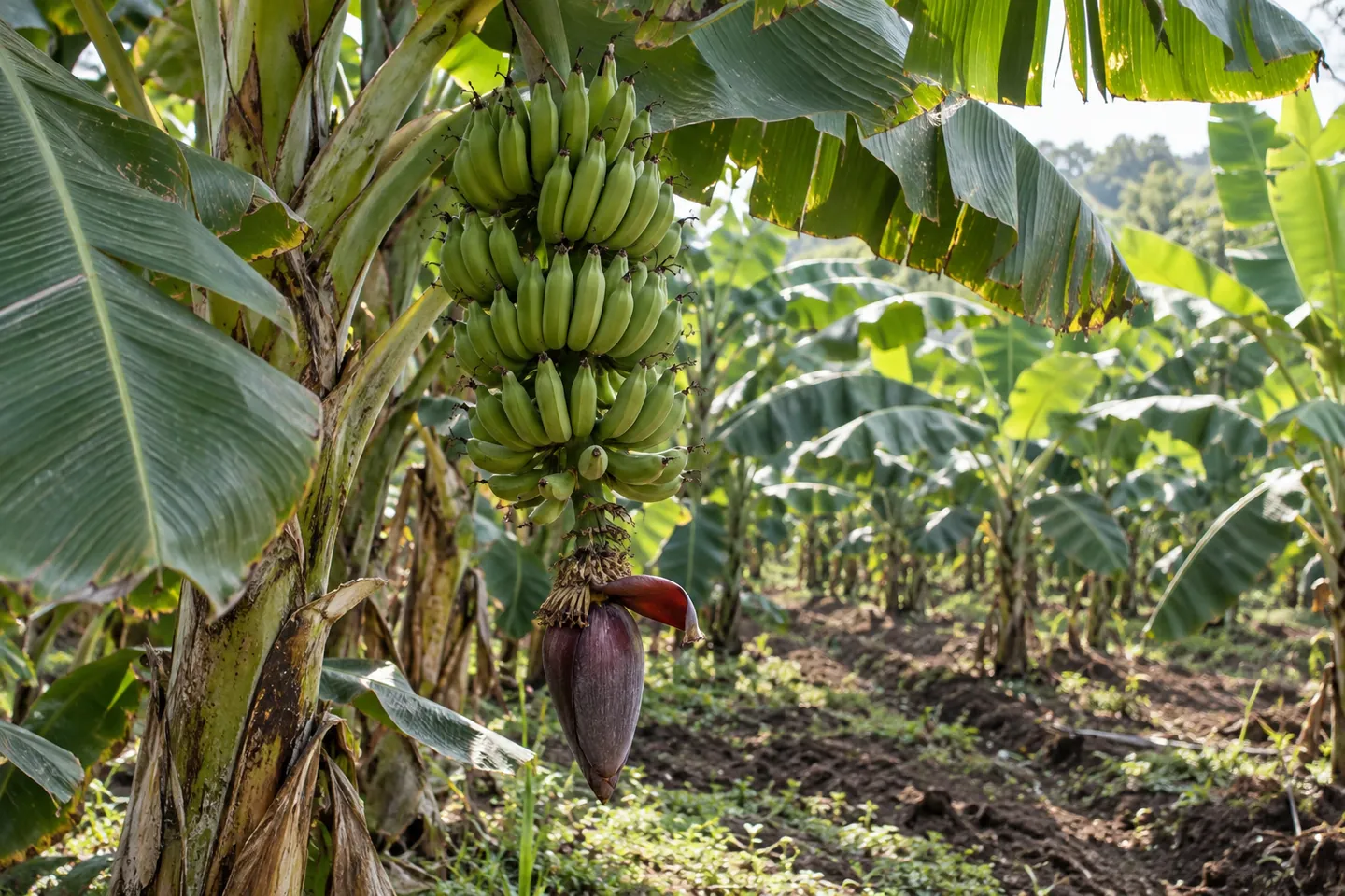 Pokok pisang dengan tandan buah hijau