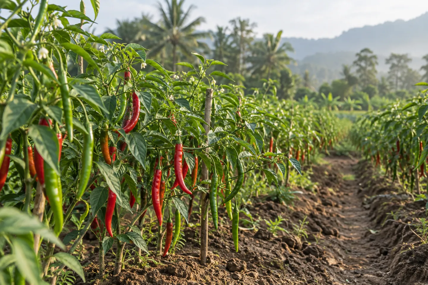 Red and green chillies growing in a field