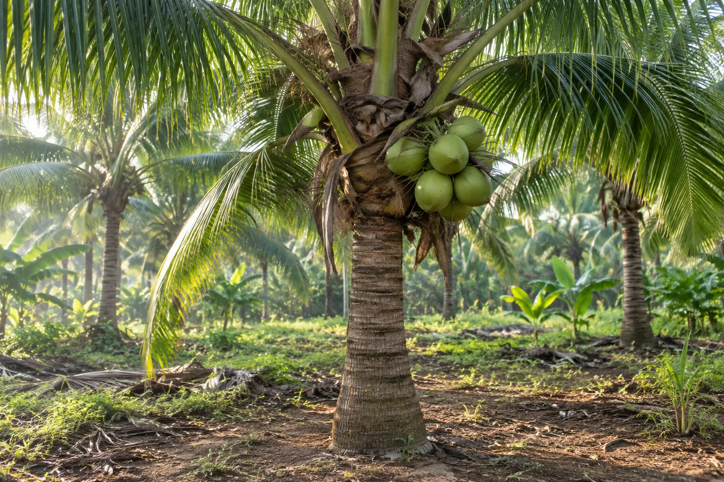 Coconut palms with green fruit