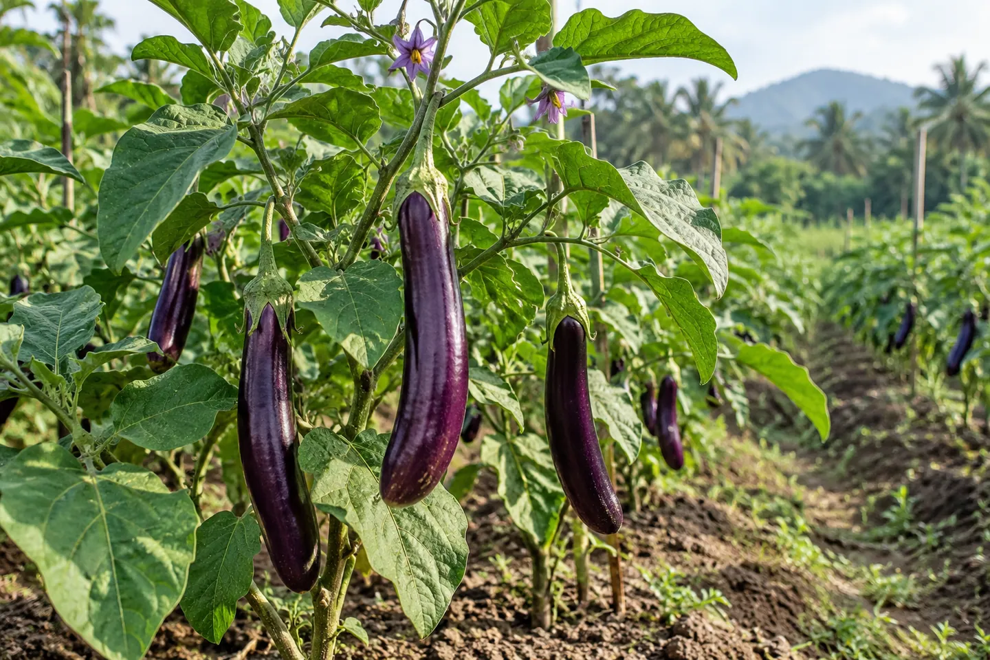 Purple eggplants growing on the plant