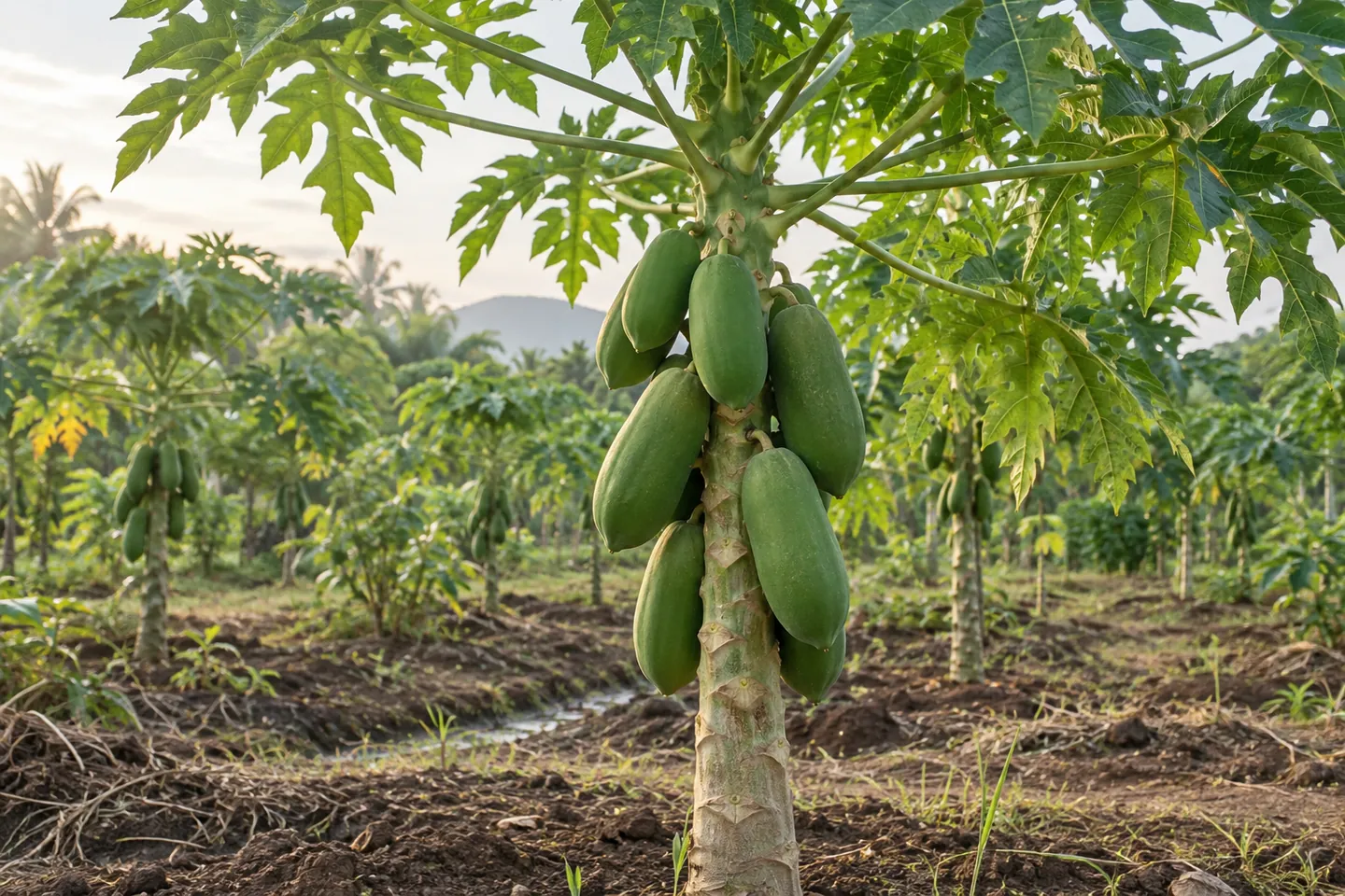 Buah betik hijau pada pokok
