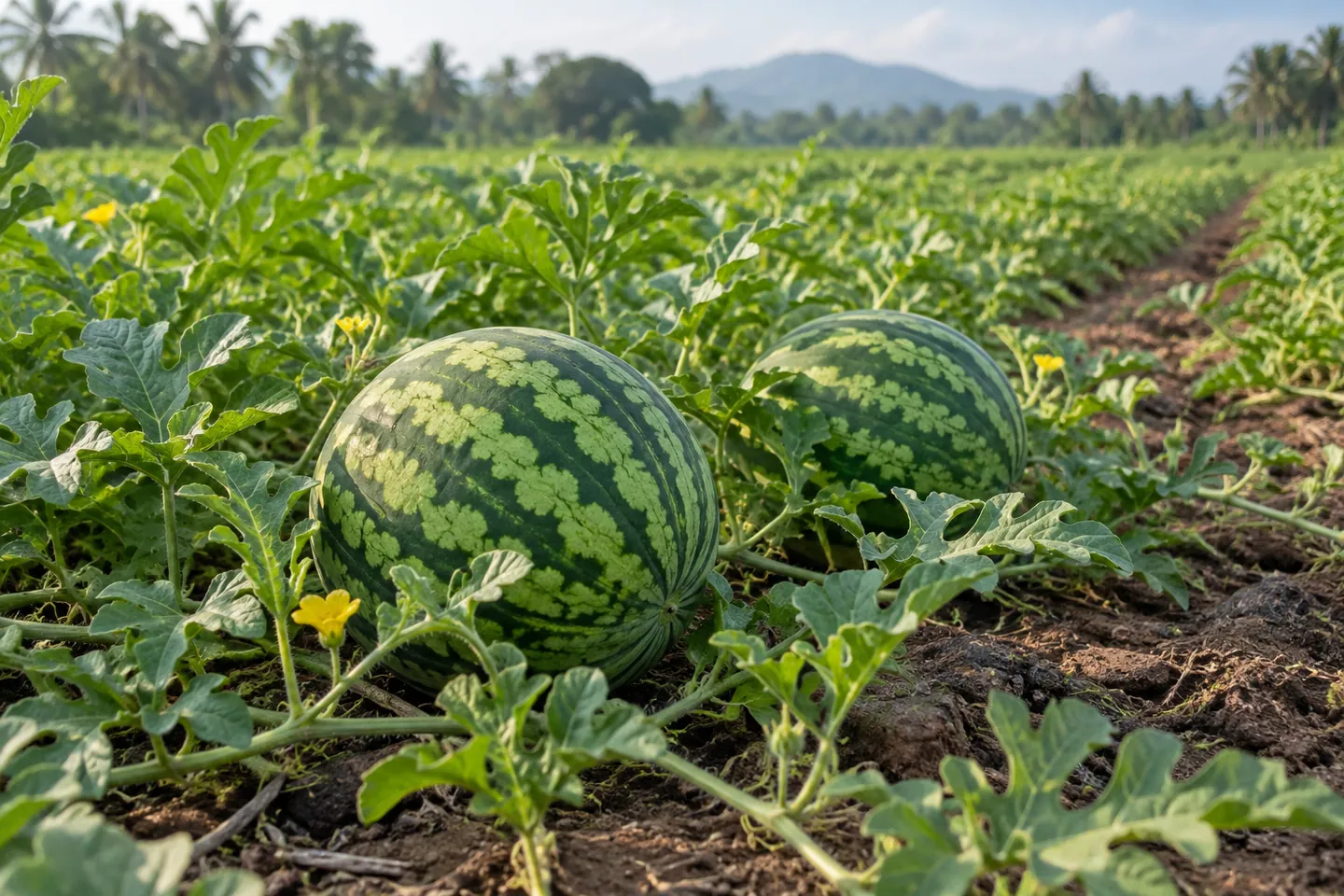 Watermelons growing among ground vines
